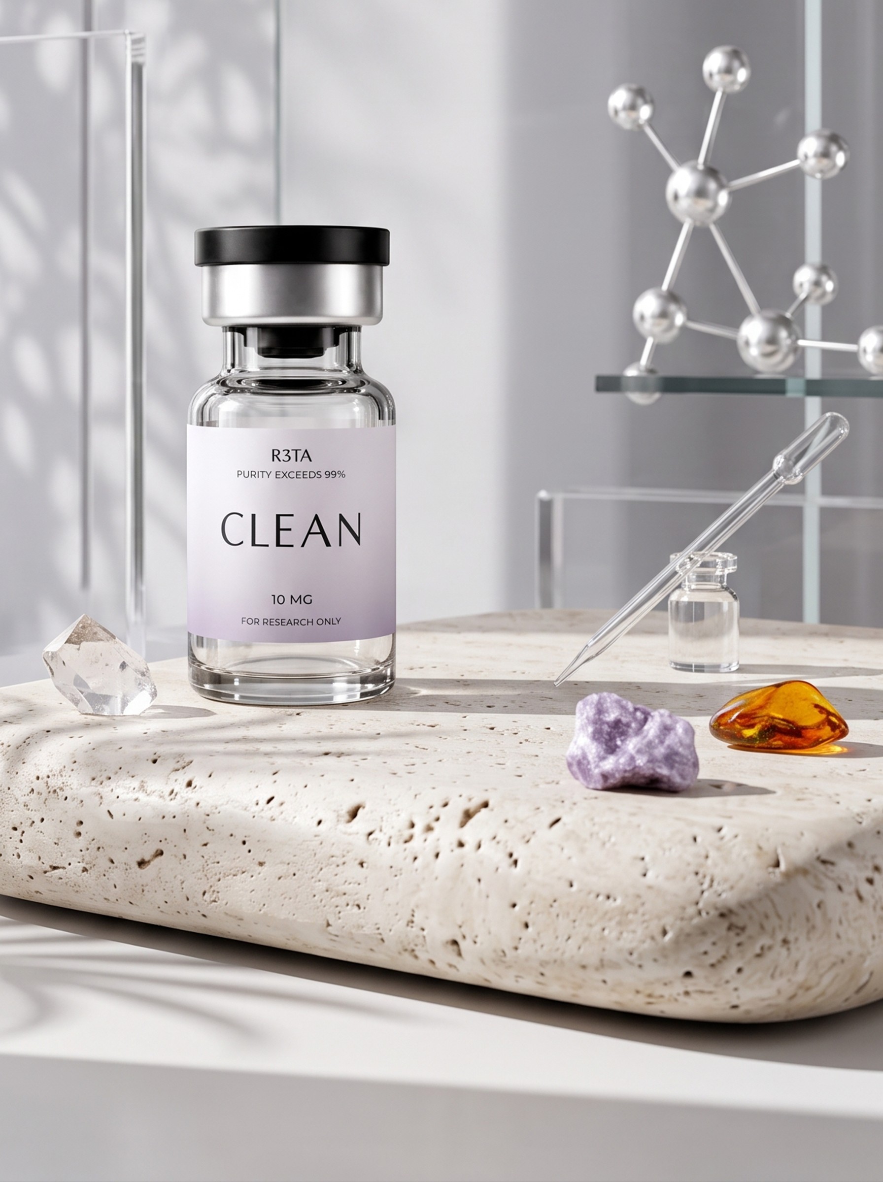 Clean R3TA research vial in a controlled laboratory setting