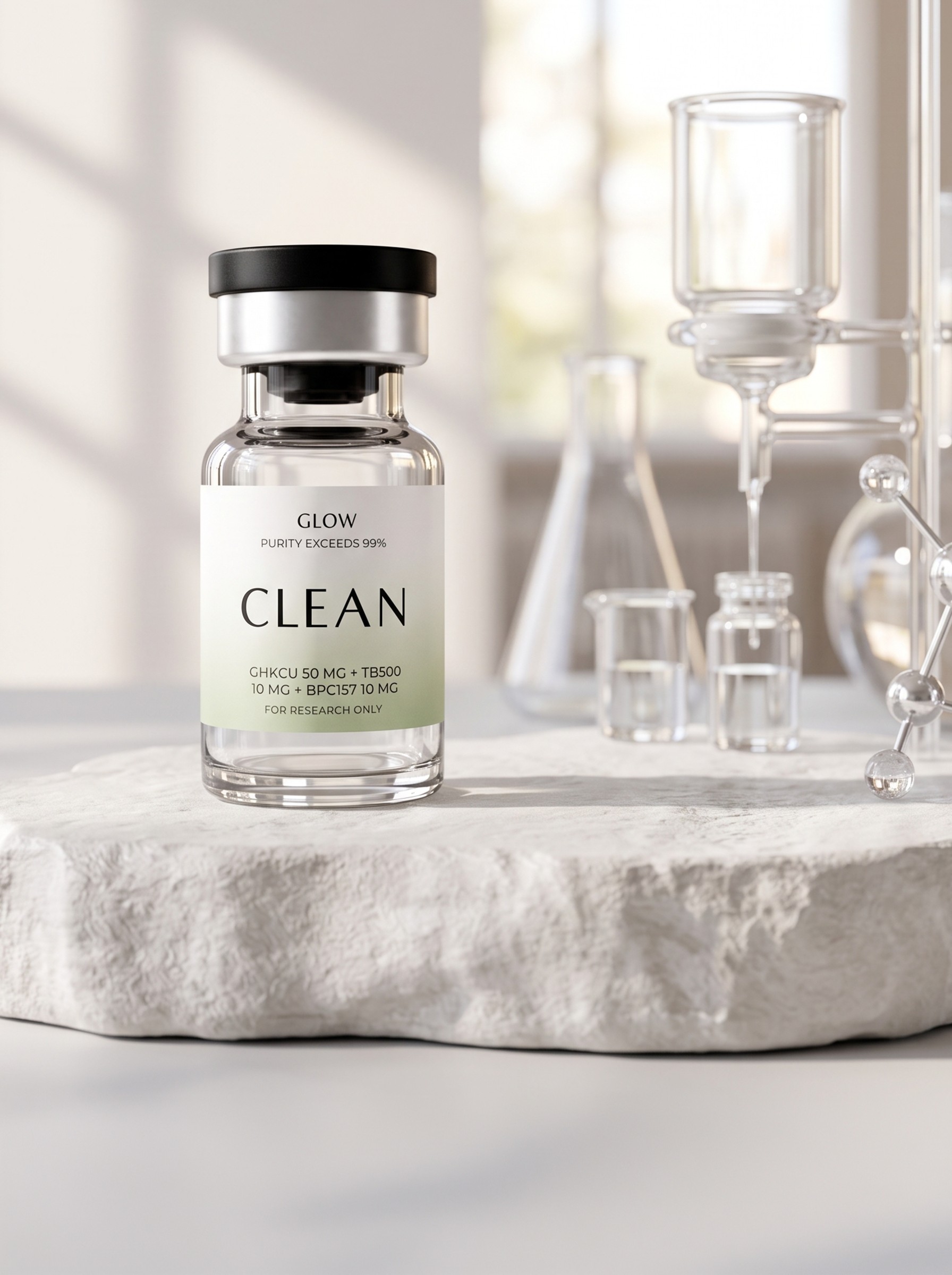 Clean GLOW research vial beside laboratory glassware
